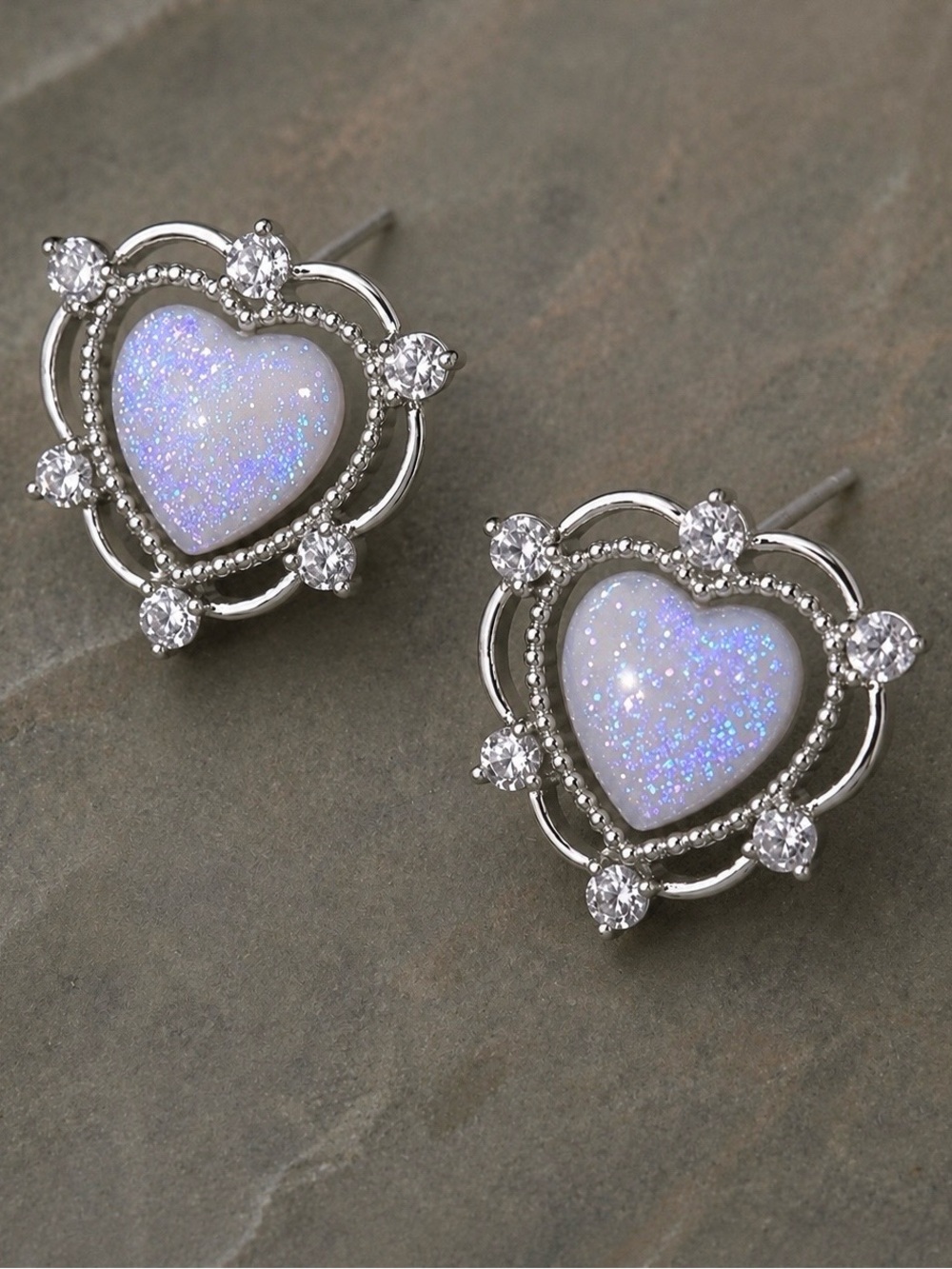 “Romantic Heart” Victorian Elegant White Blue Shimmer Sparkly Silver Ornate Stud